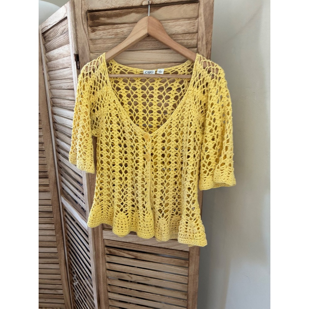 Cato Womens Yellow Crochet Knit Cardigan V-Neck Short Sleeve Peplum Top Large